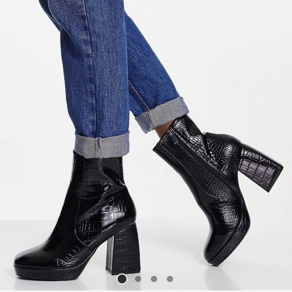 Black ASOS design wide fit era high heeled platform boot in black croc